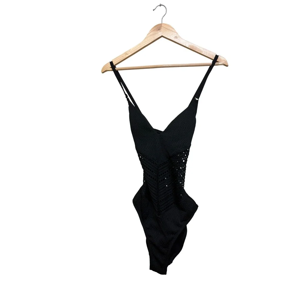 Robin Piccone Perla Black Crochet‎ One Piece Swimsuit 182613 Womens Size 10 NEW